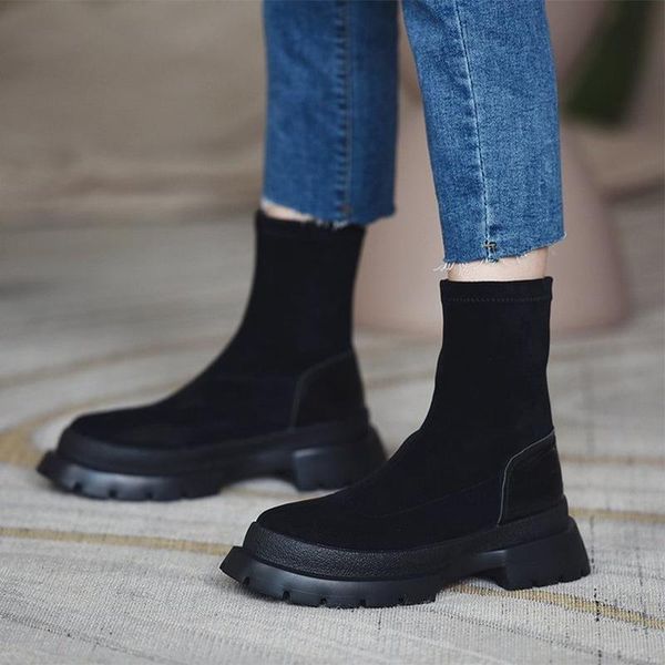 

boots women sock ankle woman slip on low heel footwear female flock platform shoes ladies autumn winter pump women's botas mujer, Black
