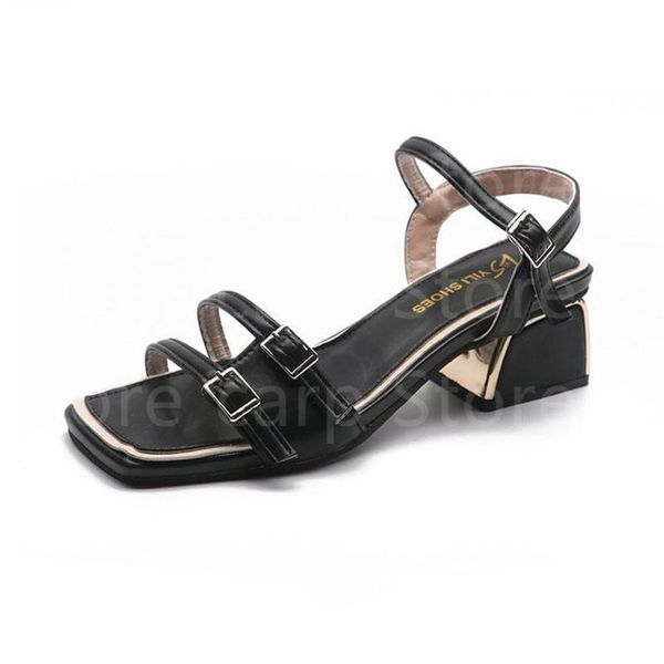 

sandals women's sandal women 2021 patchwork double buckle belt band sandales shoes chunky metal heels gladiator, Black
