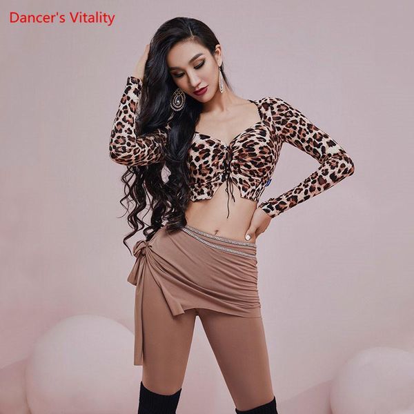

belly dance or pants leopard print shirt long sleeve trousers performance clothes female elegant competition clothing, Black;red