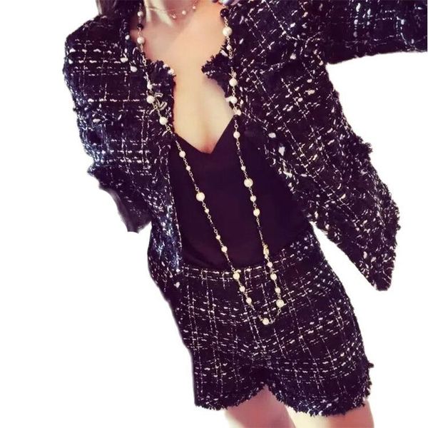 

women's tracksuits women tweed suit 2021 shorts two piec set slim plaid short fashion fringed trim jacket coat + tassels, Gray