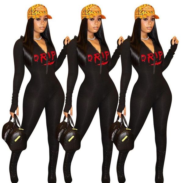 

jumpsuit women summer 2021 fashion letter print zip front women jumpsuits long sleeves skinny one piece jumpsuit black, Black;white
