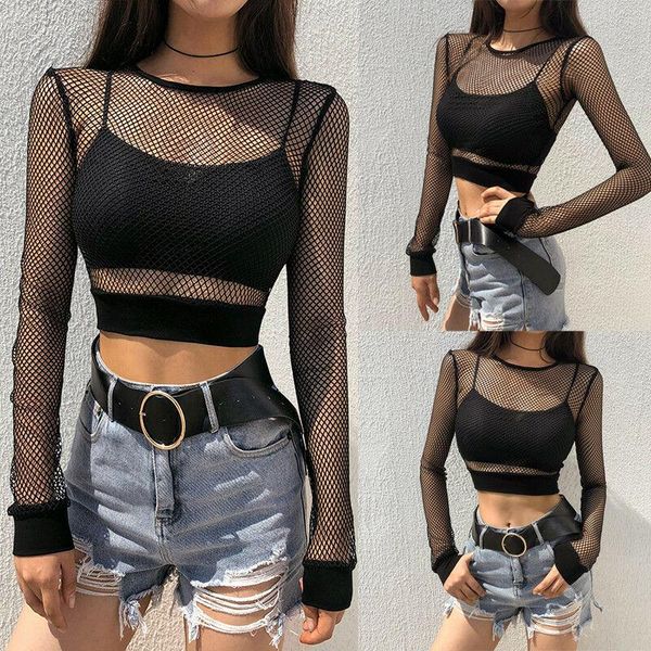 

women's t-shirt women long sleeve perspective mesh fishnet crop bodysuit, White