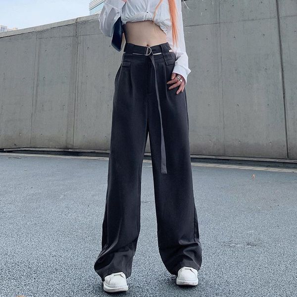 

women's jeans hollow belt suit pants street shooting loose drape straight-leg temperament casual trousers autumn boyfriend, Blue
