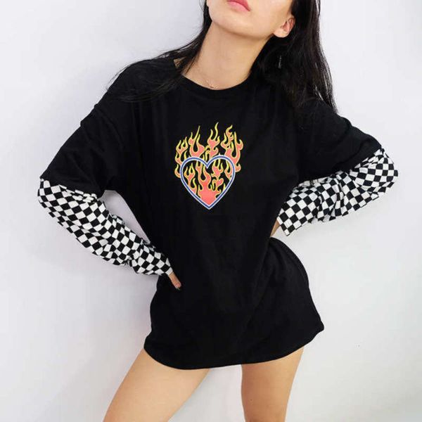 

chessboard spring 2021 new style flame women's printed long sleeve t-shirt for women, Black;gray