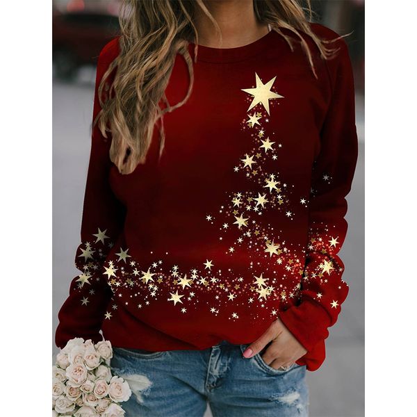 

christmas star pattern printed round neck raglan long sleeve t-shirt women, White