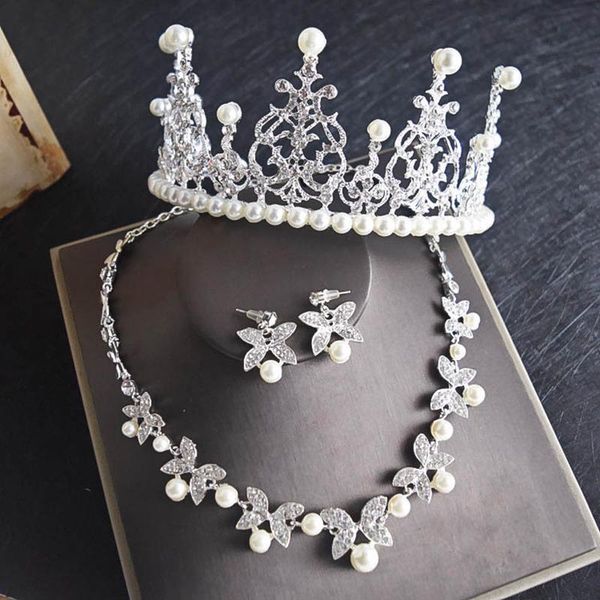 

earrings & necklace bridal pearl crown + pendant exquisite dowry jewelry set beautiful wedding headwear accessories sjt002, Silver