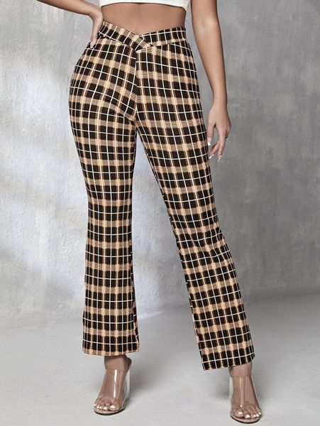 

petite plaid print asymmetrical waist flare leg pants r5od#, Black;white