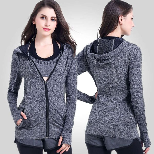 

autumn and winter yoga women's hooded quick drying coat slim long sleeve zipper running fitness suit, Gray