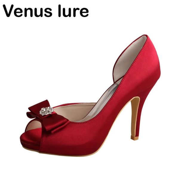 

wine red high heel evening party shoes for women peep toe bowtie platform pumps, Black