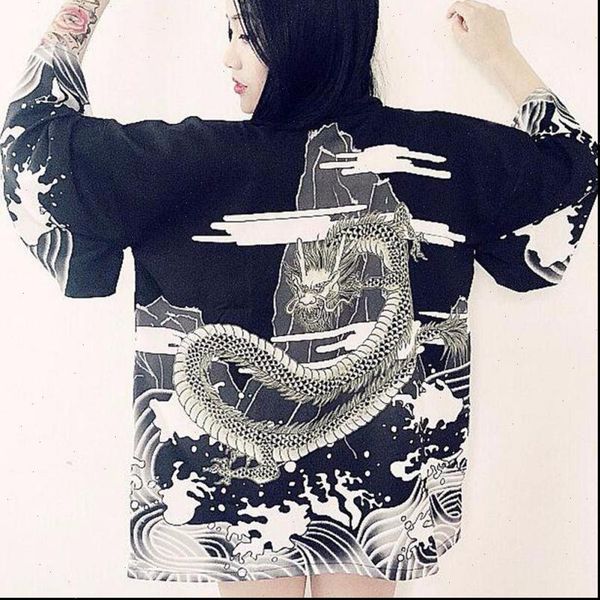 

women cardigan dragon waves printed chiffon sun protection kimono shirt outerwear drop shipping good quality, White