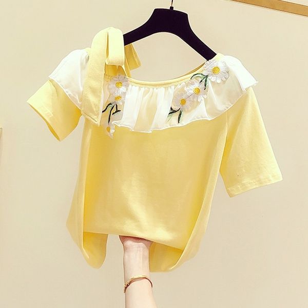 

slash neck style off the shoulder tshirt female will see new embroidered flowers flounded sleeve short yellow shirt 7xdy, White