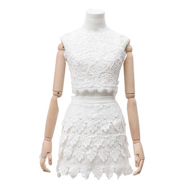 

perhaps u women white lace sleeveless zipper mini skirt 2 two piece set elegant summer t0096 210529