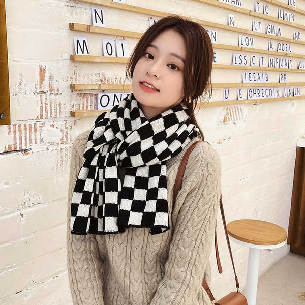 

chsboard female 2021 japan south korea sweet warm decoration black and white grid scarf, Blue;gray