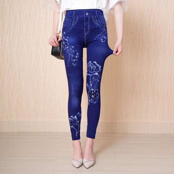 

imitation denim peony print pants women leggings soft gym high stretch seamless one piece cropped, Black