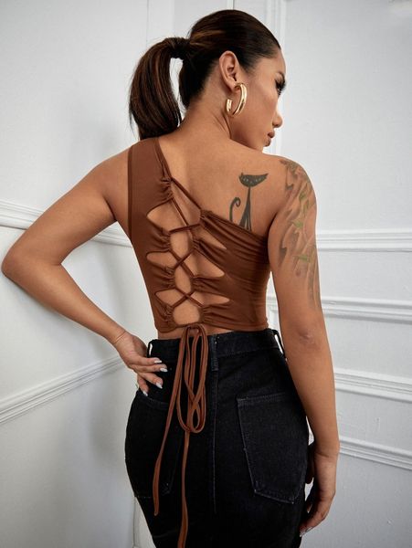 

one shoulder lace up backless y5mc#, White