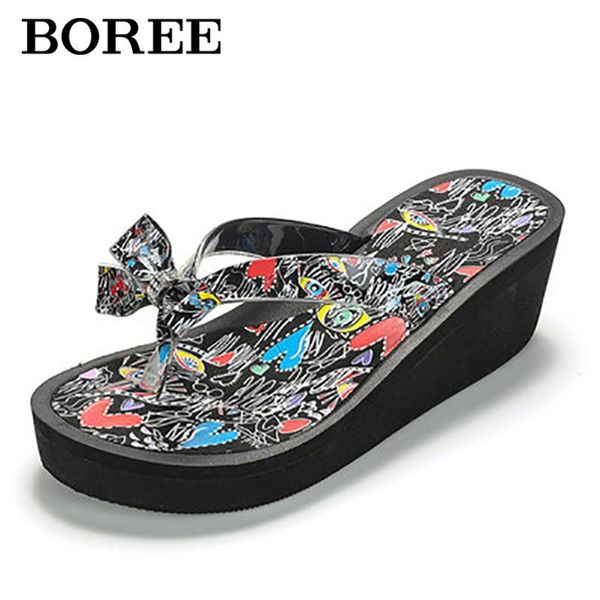 

slippers boree women flip flops fashion bow wedge sandals outdoor breathable beach shoes high heels 6cm platform slipper female, Black