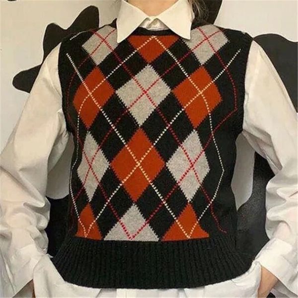 

preppy style check plaid knitted sweater vest women 90s vintage korean clothing loose waistcoat y2k knitwear sleeveless jumper, White;black