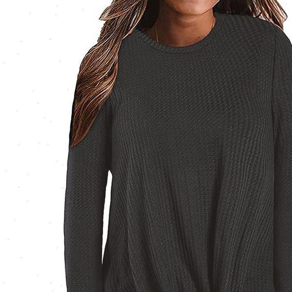 

fashion womens autumn casual o neck long sleeve knot waffle knit tunic shirt cute solid loose shirts 2021, White
