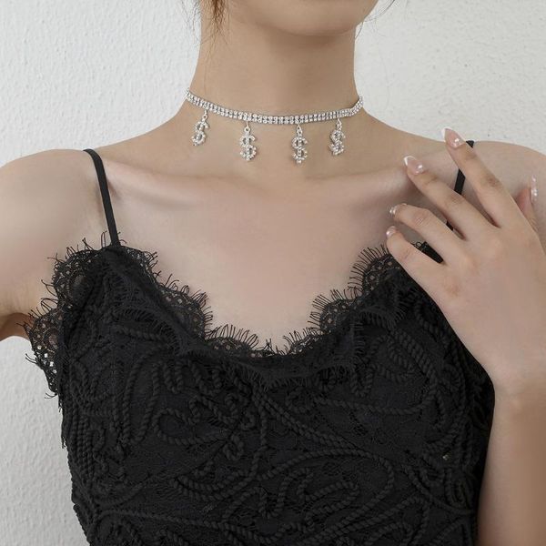 

chokers trending personality silver zircon dollar sign ladies clavicle necklace fashion hip-hop party choker jewelry gift, Golden;silver
