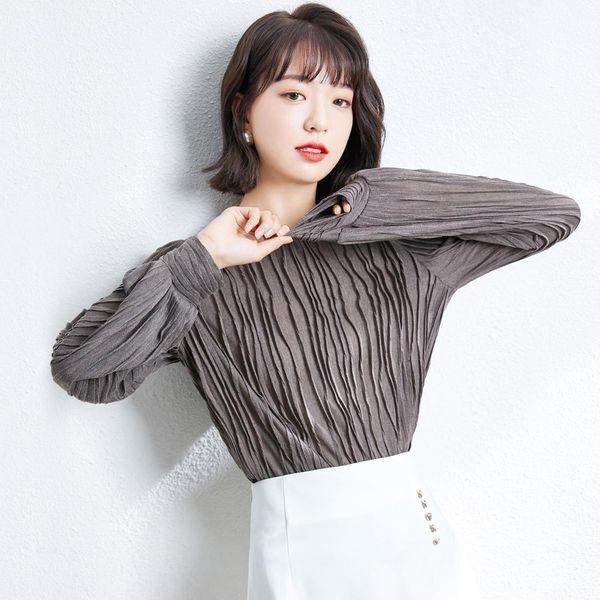 

fashion around the female neck 2021 new korean spring long sleeve pleated shirt casual warm sale y2u5, White