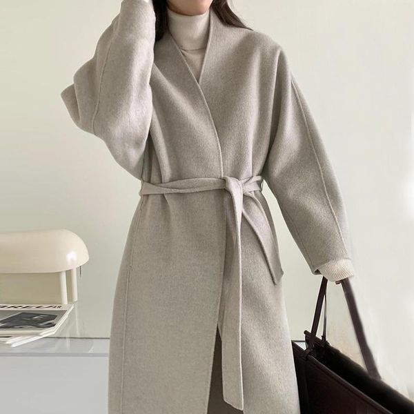 

women's wool & blends [ewq] korea chic minimalist temperament v-neck lace up waist loose medium long solid khaki woolen coat women tide, Black