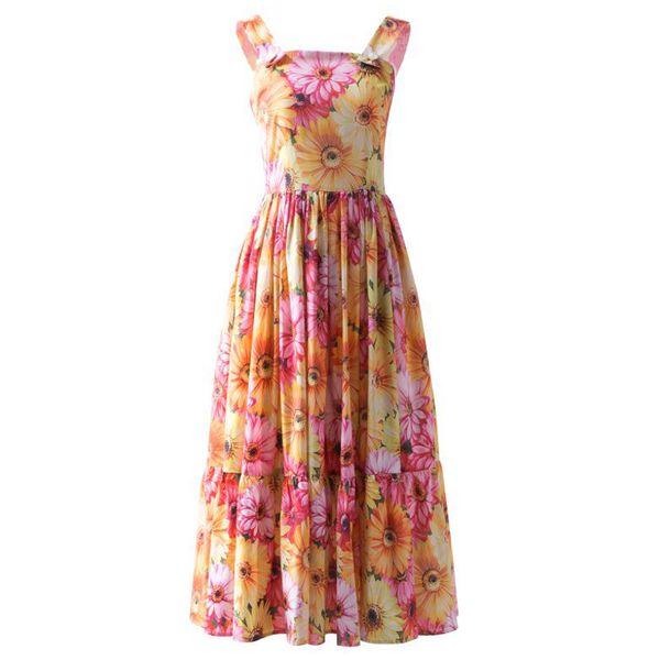 

women's runway dresses spaghetti straps square neckline sleeveless floral printed fashion mid dress vestidos, Black