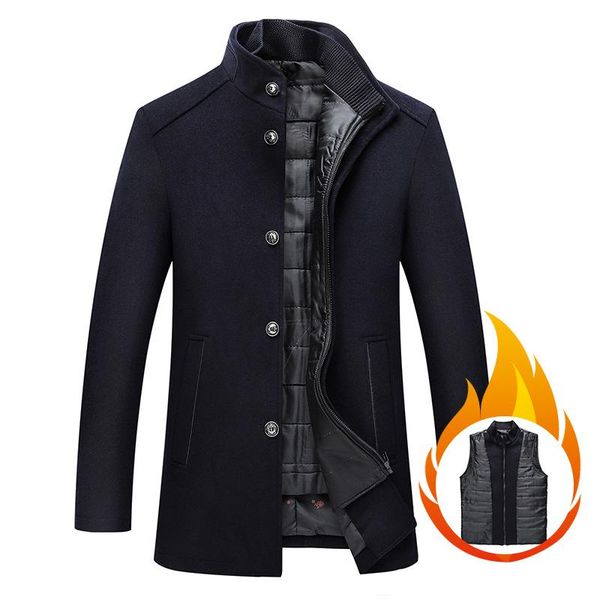 

men's wool & blends winter blend coats fashion brand men stand collar coat luxurious casual overcoat male (with vest), Black