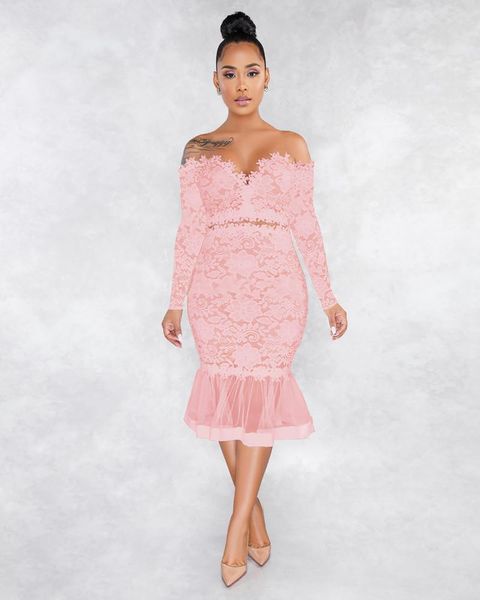 

casual dresses women chest wrapping lace dress ladies long sleeve see through office fishtail skirt female, Black;gray