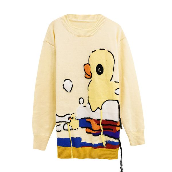 

yang mi star's same autumn and winter new yellow duck print loose long sleeve knitted women's pullover0, White;black