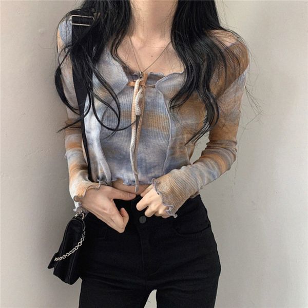 

2021 new women's summer bottoming shirt camisole short tie-dye long-sleeve knitwear cardigan two-piece set 910j, White;black