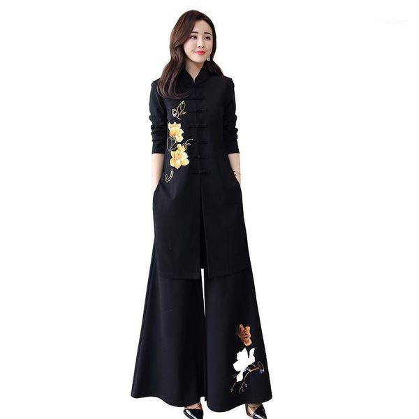 

women's tracksuits chinese style improved embroidery cheongsam suit spring and autumn retro tang fashion wide-leg pants two-piece, Gray