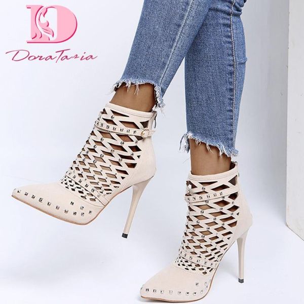 

sandals doratasia brand ladies pointed toe summer thin high heels rivet hollow women party shoes woman, Black