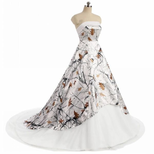 2021 Vintage weißes Camo-Hochzeitskleid, trägerlos, mit Schnürung, Korsettrücken, Realtree, Camouflage, Boho, Strand, Land, Brautkleider, Vestidos de Noiva
