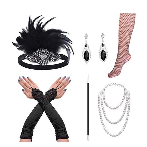 

hair clips & barrettes gatsby 1920s bachelor party retro feather headband set, headdress necklace gloves smoking rod, Golden;silver