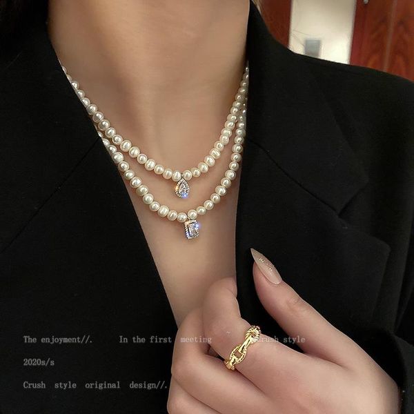 

chains korea pearl necklace water drop zircon pendant fashion clavicle chain wearing jewelry for woman 2021 trend retro, Silver