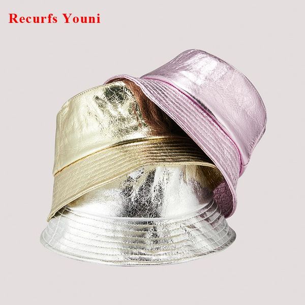 

wide brim hats for women bright real leather burst cracks short fisherman caps femme fashion korean pink silver golden basin chapeu, Blue;gray