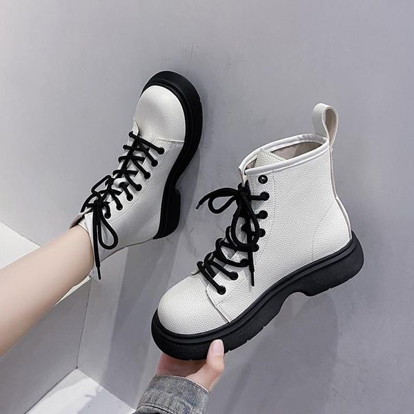 

boots shoes women's autumn luxury designer lace up boots-women round toe flat heel fashion 2021 rock lolita ladies ankle med cot, Black