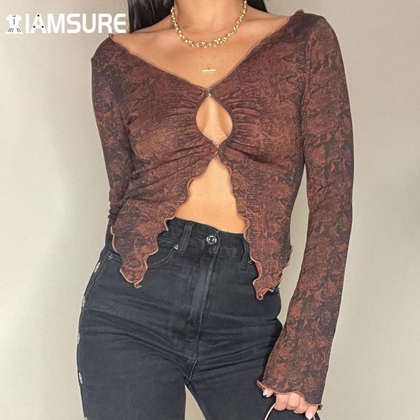 

women's t-shirt iamsure hollow out split crop vintage elegant slim long flare aleeve deep v-neck women 2021 fashion casual lad, White