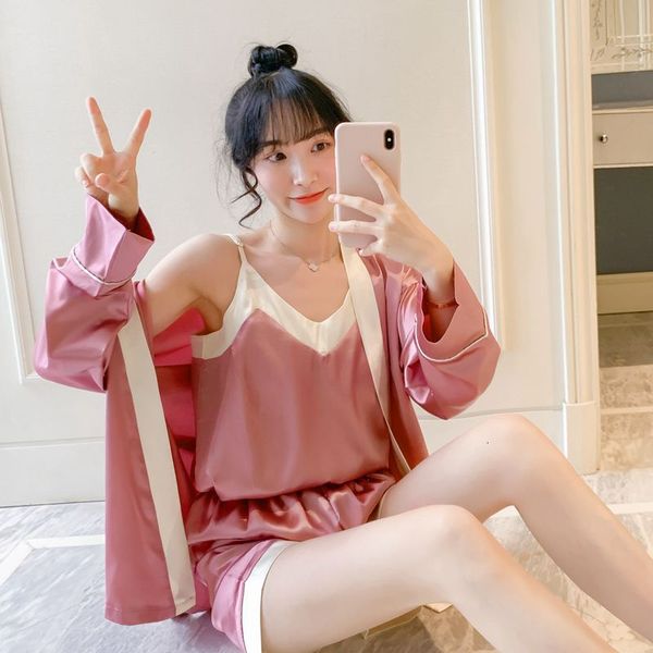 

red 3pcs pajamas women summer suit lined up & short pants nightwear poo from silk house temperature a loose clothing belt mmla, Black;red