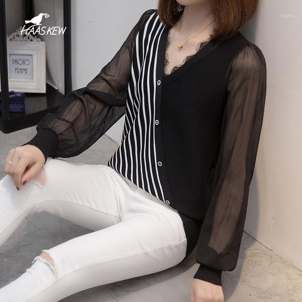 

women's sweaters sweater plus size autumn fashion v-neck lace trim striped loose long-sleeved solid color korean casual knitted pullove, White;black