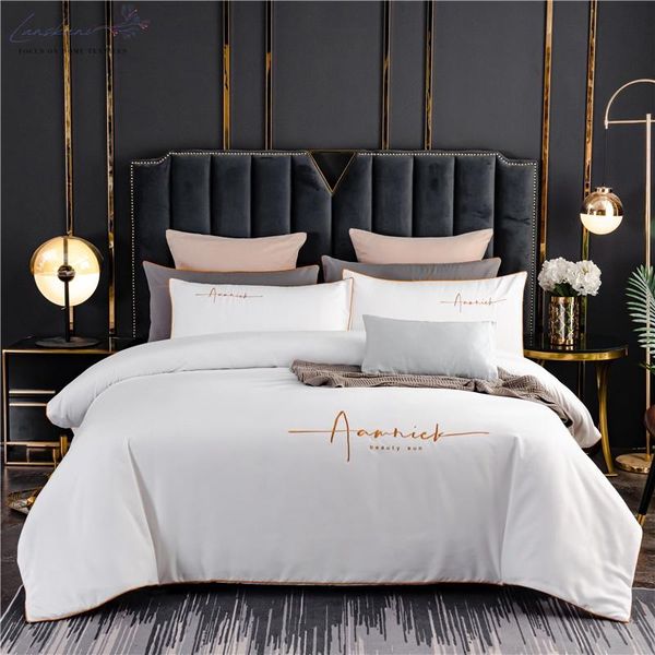 

bedding sets set cotton pure color light luxury craft embroidery for home linens duvet cover quilts pillowcase flat fitted bed