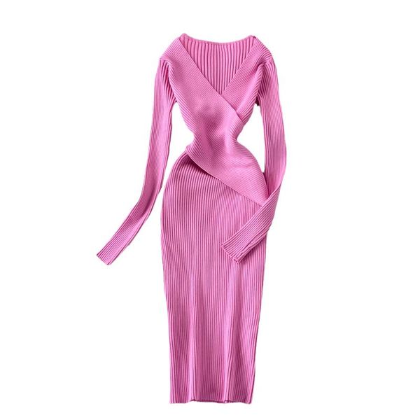 

casual dresses spring autumn women crossed v-neck long sleeve slim dress elegant knitted, Black;gray