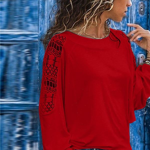

plus size blouse women shirt long sleeve solid lace trimmings hollow out loose blouse drop shipping, White