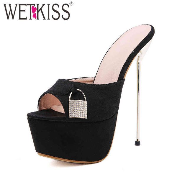 

wetkiss women outside slippers super thin high heel slippers peep toe platforms slippers sandals ladies crystal lock party shoes 210630, Black