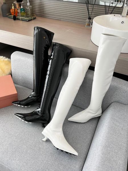 

boots women shoes winter size34-41 pointed toe mid heels slip on genuine leather patent over the knee zapatos de mujer, Black