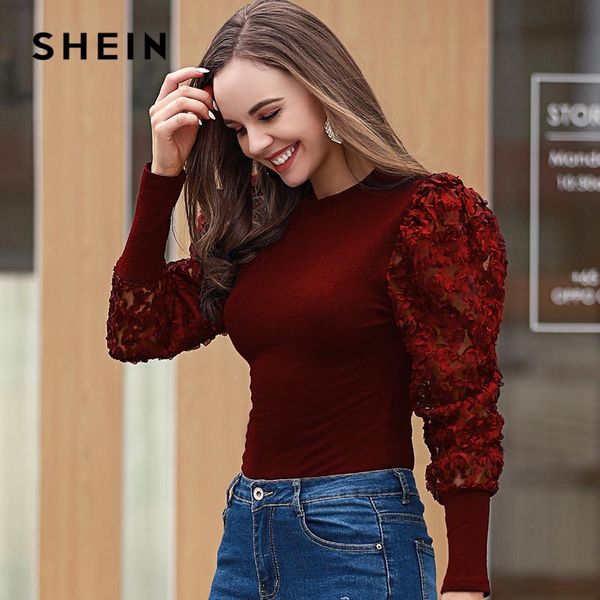 

shein stereo flowers mesh panel fitted women spring puff sleeve tees office lady stand collar slim elegant t-shirts, White