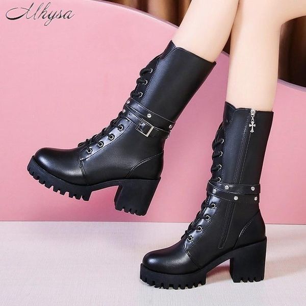 

boots 2021 autumn winter british style women's thick heel high heels mid-tube zipper waterproof taichung w277, Black
