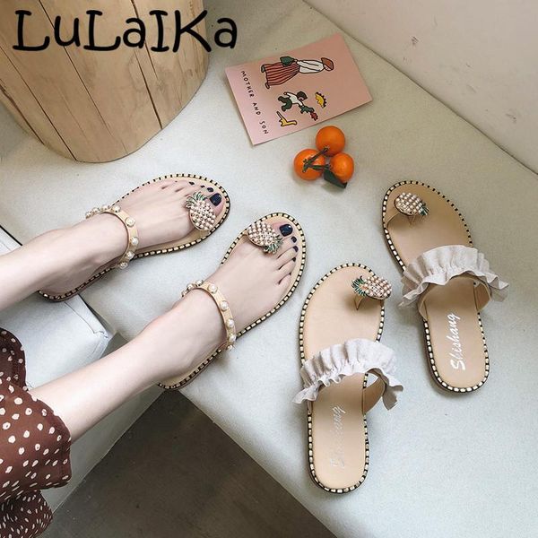 

slippers lulaika 2021 summer ladies fashion pineapple decorative toe sandals wild round pearl casual beach shoes, Black