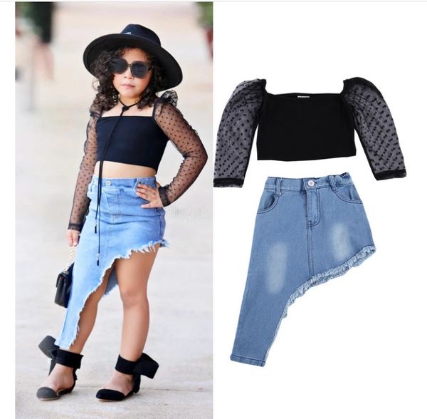 2021 Fashion Toddler Baby Kids Girl Clothes Set Top a maniche lunghe in pizzo a pois nero + Gonna lunga in denim irregolare Completi 2 pezzi