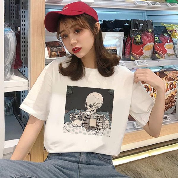 

kawaii horro skull cute cat sleeping femal tshirt cartoon tees casual t shirt women harajuku short sleeve, White